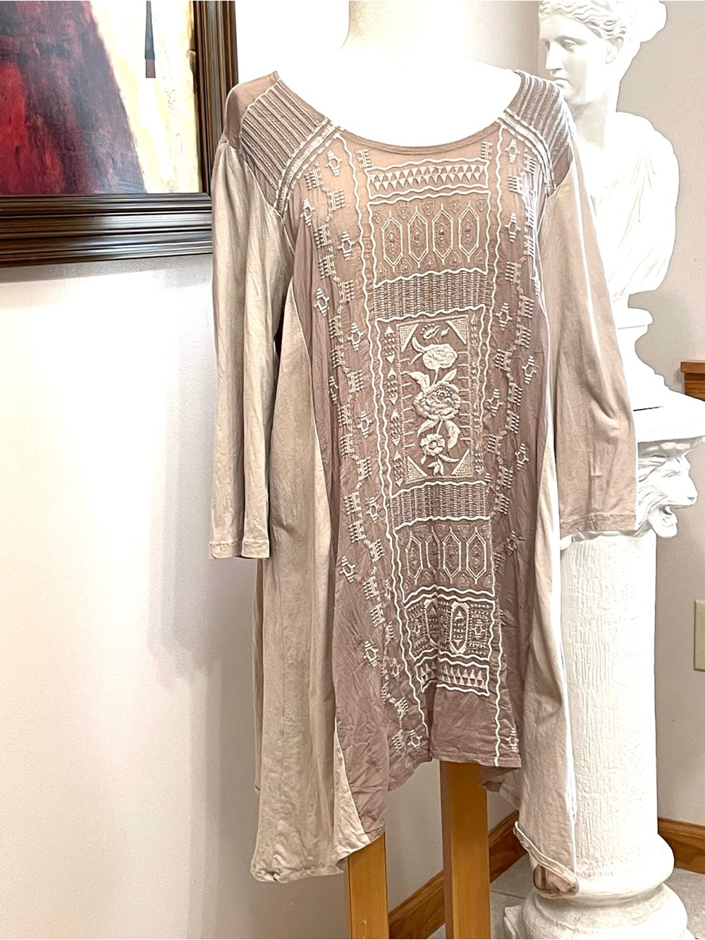 Johnny Was Lagenlook Tunic Dress Beige Embroidered XL 100% Cotton